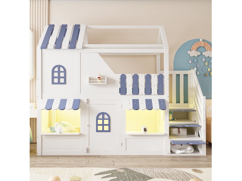  Lit surélevé 90x200 cm maison avec led, rangements, bois blanc et bleu sans matelas  - Conforama C