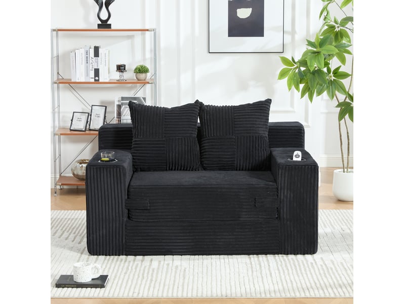  Canapé 2 places 151x133 cm – noir – velours côtelé, extension repose-pieds, coussins et porte-gobelet  - Conforama B