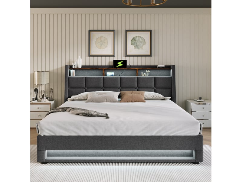 Lit coffre double 140 x 200 cm gris avec led, usb et matelas - Conforama D