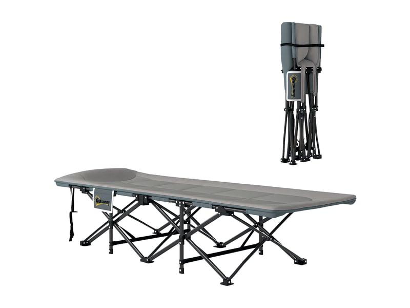  Lit de camp pliant avec matelas, oreiller et poche latérale, 187 x 67 x 37 cm, lit d'appoint jusqu'à 150 kg, gris  - Conforama A