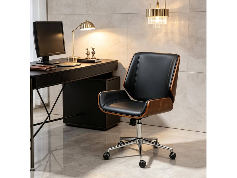  Chaise de bureau ergonomique réglable en hauteur, pivotante à 360° sur roulettes, en bois noir et marron foncé  - Conforama D