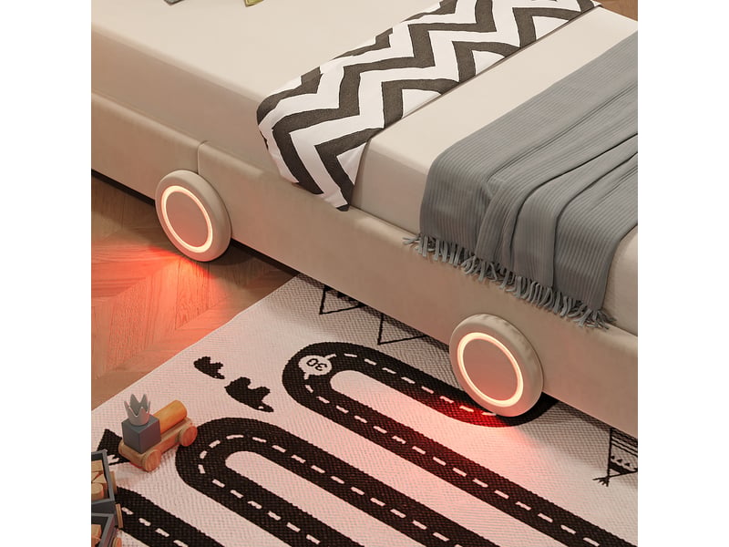  Lit voiture enfant rembourré 90x200cm, tête de lit réglable sur 2 hauteurs, dossier épais style siège auto et roues led, velours beige evarich - Conforama D