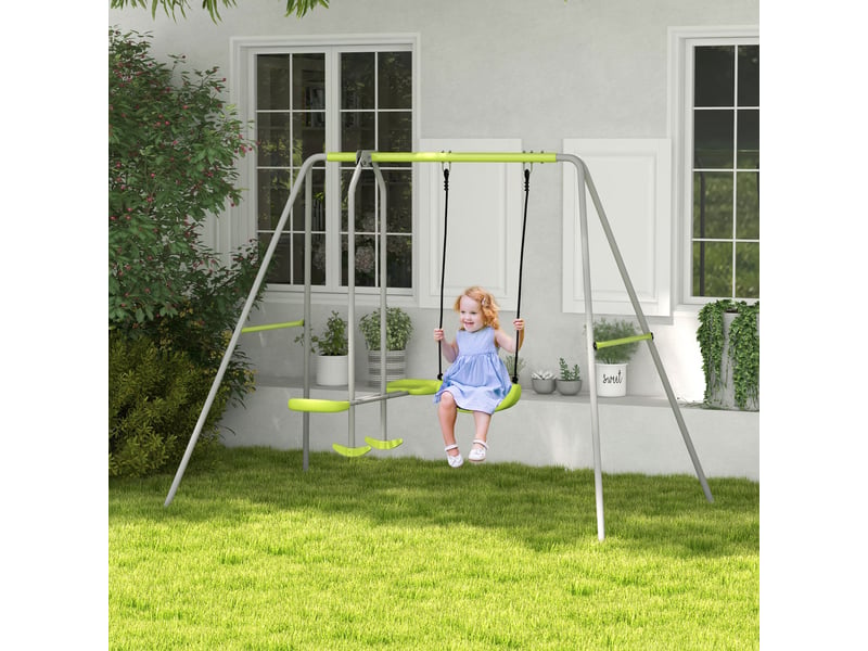  Balançoire 2 agrès portique avec 1 balançoire et face à face 255 x 160 x 180 cm charge max. 135 kg vert gris  - Conforama B