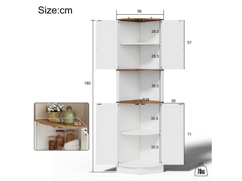  Meuble d'angle avec 2 portes et 1 niche ouverte, dispositif anti-basculement, pour cuisine en mdf 39,5×39,5×180 cm blanc  - Conforama D