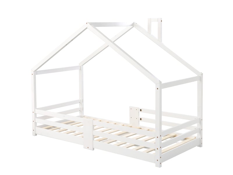 Lit enfant en forme de maison 90x200 cm avec cheminée, barrières anti-chute, lattes robustes, pin blanc - Conforama R