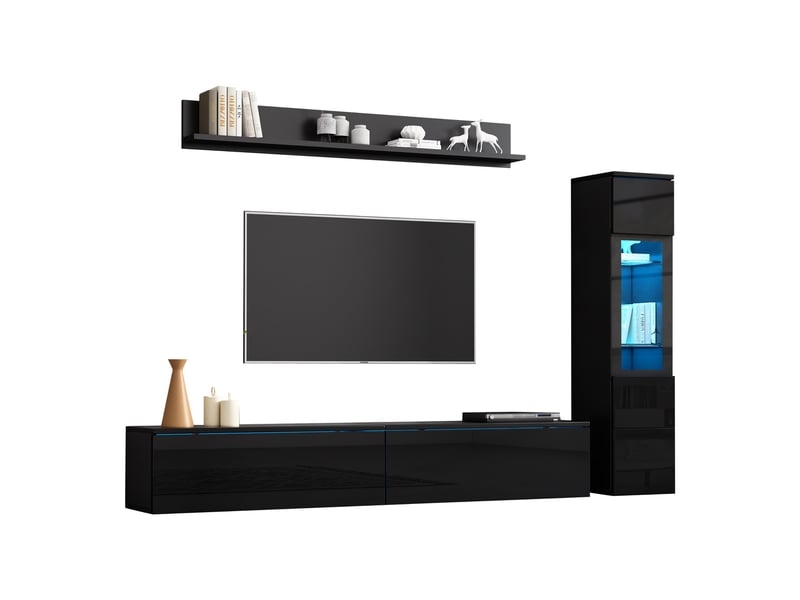  Ensemble meuble tv mural noir brillant avec led, composition tv 3 pièces jusqu'à 80 pouces, banc 180 cm, vitrine et étagère  - Conforama A