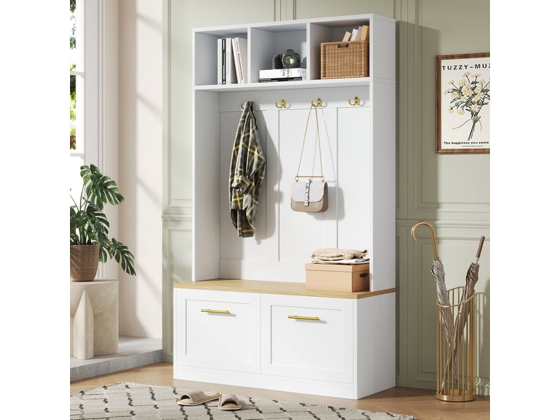  Meuble d'entrée compact 105x40x180 cm-banquette-4 crochets-étagères ouvertes-2 portes-range-chaussures-blanc et effet bois naturel  - Conforama C