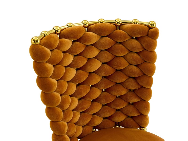  Chaise de salle à manger décor tissu velours pieds métal doré assises rembourrées dossier en corde tressée orange  - Conforama D
