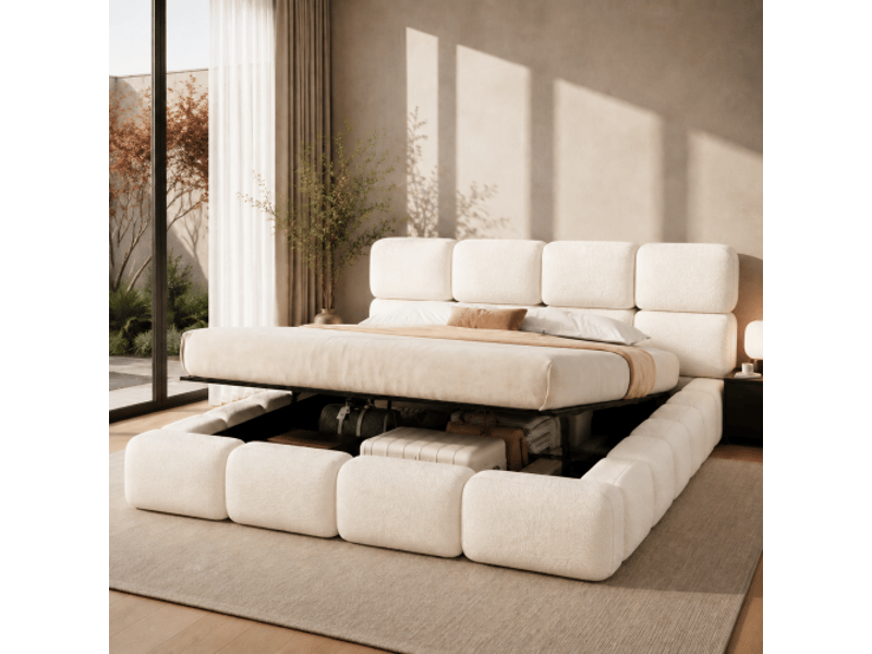  Lit double 200x200 cm rembourré avec coffre de rangement hydraulique, tête de lit et base à lattes, bubble bouclé blanc  - Conforama D