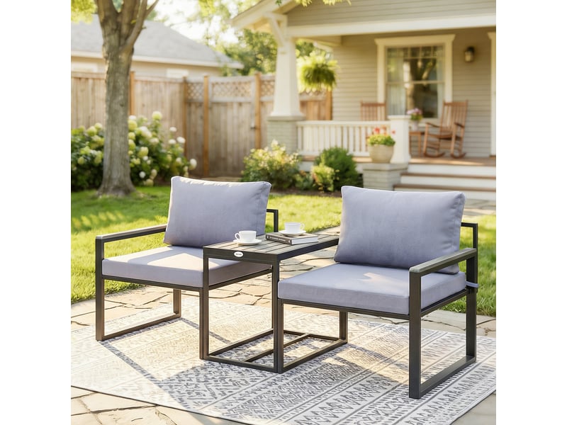 Salon de jardin 3 pièces coussins 14cm et accoudoirs en composite bois-plastique 2 fauteuils et table d'appoint gris - Conforama C