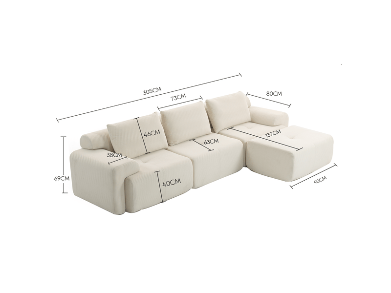  Canapé d'angle modulaire avec assise profonde, mousse haute densité et pouf mobile en tissu côtelé blanc 305 cm  - Conforama D