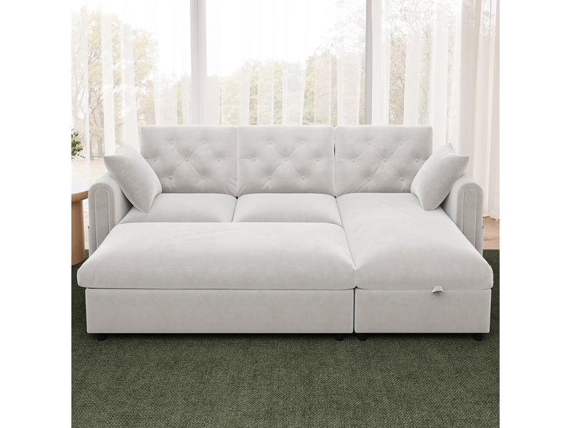  Canapé d'angle 4 places avec méridienne et pouf en velours beige, 219×131×86 cm, rangements intégrés, méridienne réversible  - Conforama D