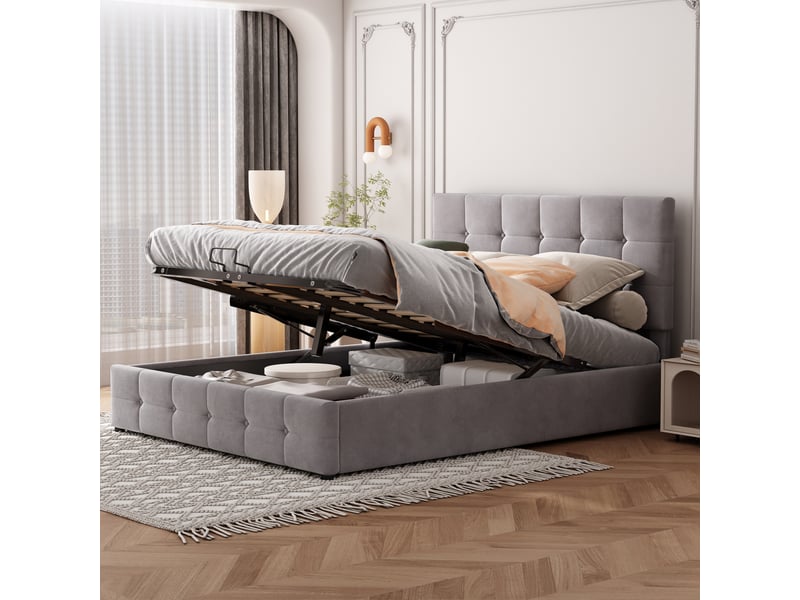  Lit coffre 140*200 cm gris, relevage hydraulique, tête de lit ajustable et sommier métal, tissu velours  - Conforama C