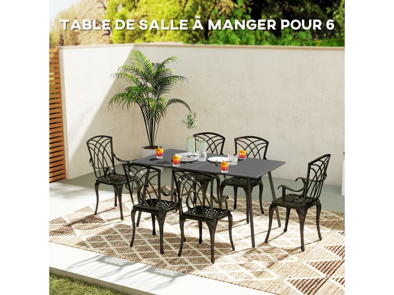  Table de jardin 6 personnes avec plateau à lattes en acier gris 150 x 80 x 74 cm  - Conforama D