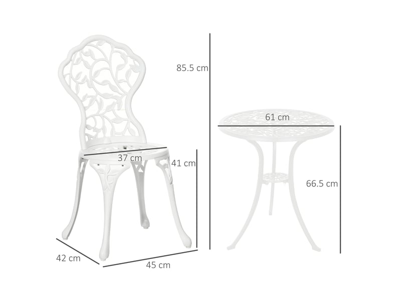  Ensemble de jardin 3 pièces en aluminium blanc, comprenant 2 chaises d'extérieur (45 x 42 x 85,5 cm) et une table ronde (ø 61 x 66,5 cm).  - Conforama E