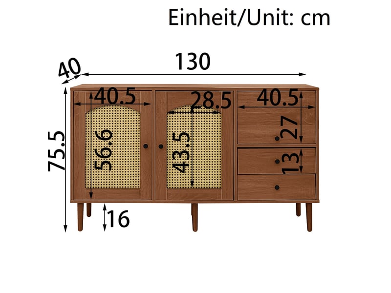  Buffet bas 130 x 40 x 75,5 cm bois, style campagne avec portes en rotin et 3 tiroirs, rangement fermé  - Conforama C