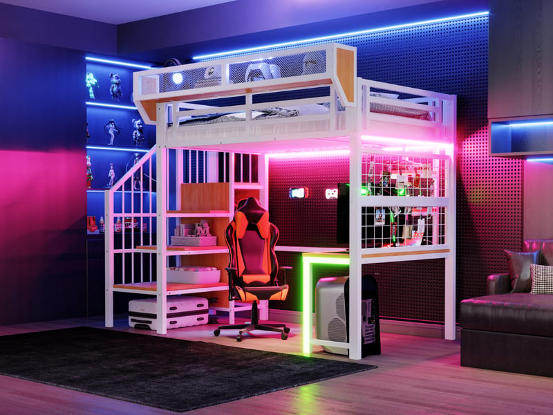  Lit mezzanine 90x200 cm blanc avec bureau, étagères, led, prise intégrée et garde-corps sécurisé - gain de place  - Conforama E