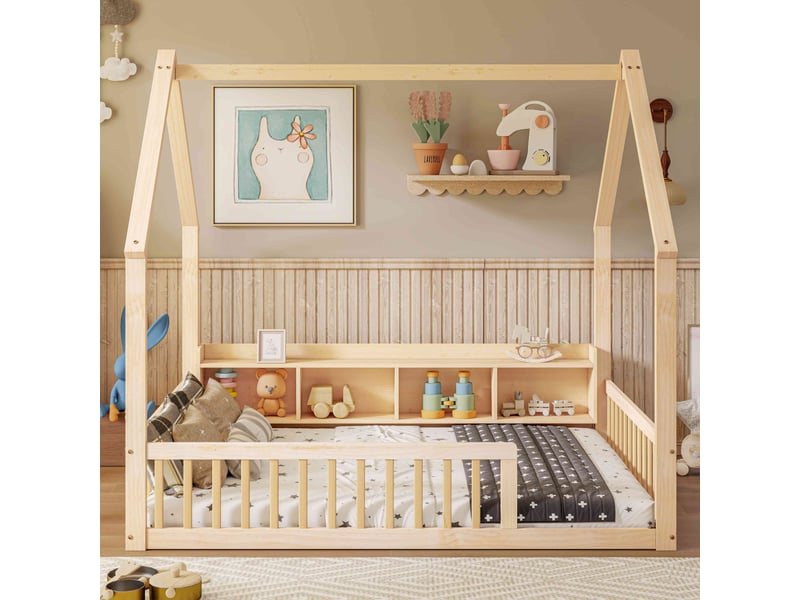 Lit au sol enfant 140x200 cm en bois en forme de maison avec 4 niches, barrières de sécurité et ouverture d'accès - naturel - Conforama D