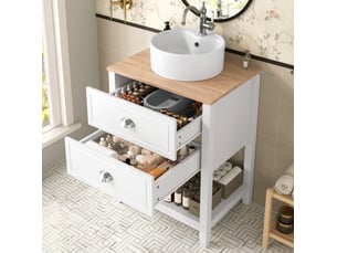 Meuble sous vasque avec vasque ronde en céramique, 2 tiroirs et niche ouverte 60 cm evryae