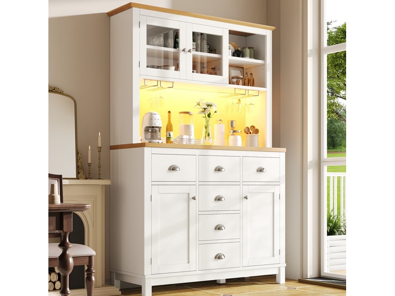  Buffet de cuisine 104x40x180 cm avec led,4 portes et 6 tiroirs, coloris blanc  - Conforama E