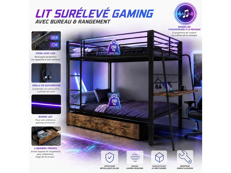 Lit superposé métal 2 x 140 x 200 cm avec bureau, led rgb, prise eu, usb et type-c, 2 tiroirs, garde-corps, noir  - Conforama E