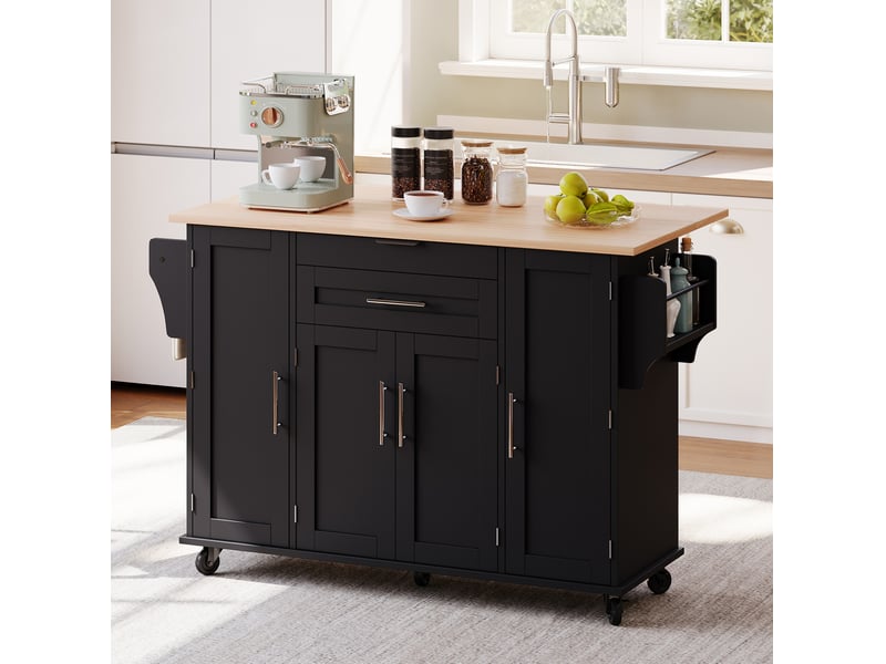 Desserte de cuisine 136x70x92 cm noire et naturelle avec plan de travail extensible - Conforama D