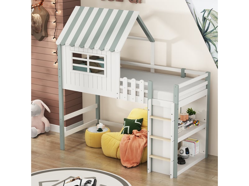  Lit enfant maison 90x200 cm vert avec échelle de sécurité et rangement, bois massif, sans matelas  - Conforama C