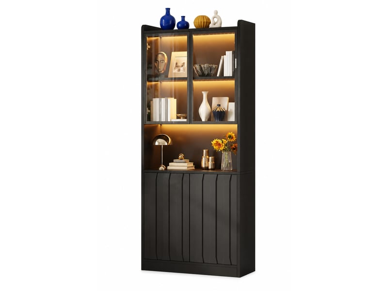 Vitrine haute avec 4 portes, led bluetooth, 5 compartiments et étagères réglables, noir, 80 × 35 × 200 cm - Conforama A