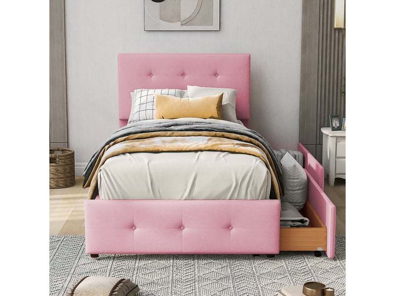 Lit enfant 90x200 cm - lit avec 2 tiroirs et sommier à lattes, confortable avec rangement, moderne en velours rose, sans matelas - Conforama E