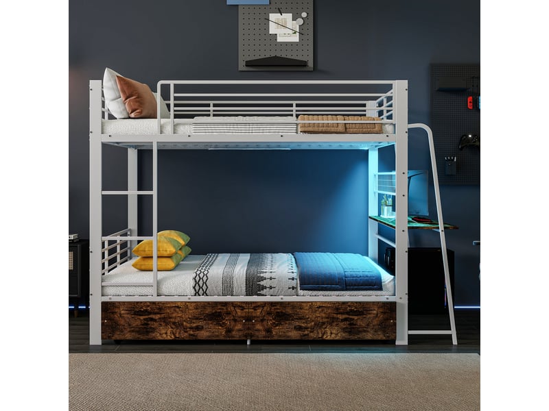 Lit superposé 140x200 cm, bureau, 2 tiroirs, led synchronisée à la musique, usb et type-c, métal et mdf, blanc + noyer Radiant Stride - Conforama D