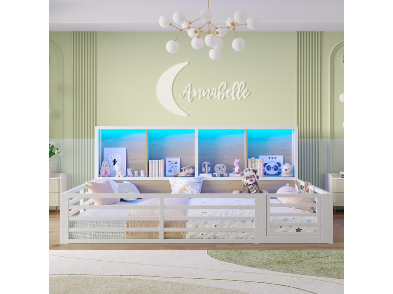  Lit adulte 140 × 200 cm 2 places avec barrière, rangements latéraux et éclairage led, sans matelas, blanc  - Conforama B