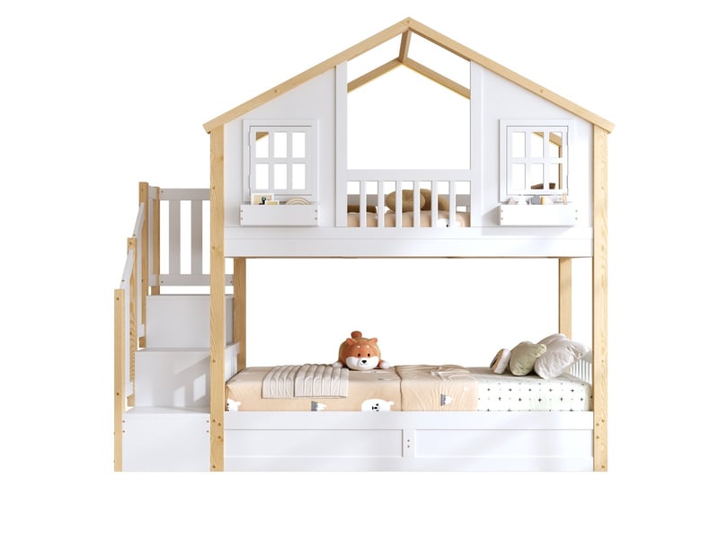  Lit superposé mezzanine bois massif 90x200+90x200 cm maison led escalier rangement fenêtre blanc naturel  - Conforama A