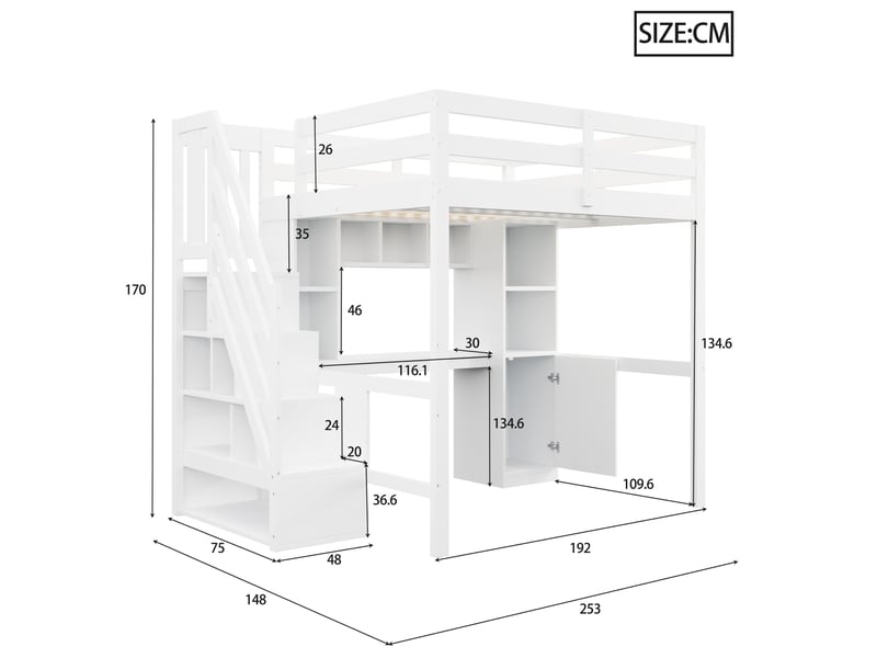 Lit mezzanine 140x200 blanc, bureau intégré, escalier avec rangements et éclairage led - Conforama C