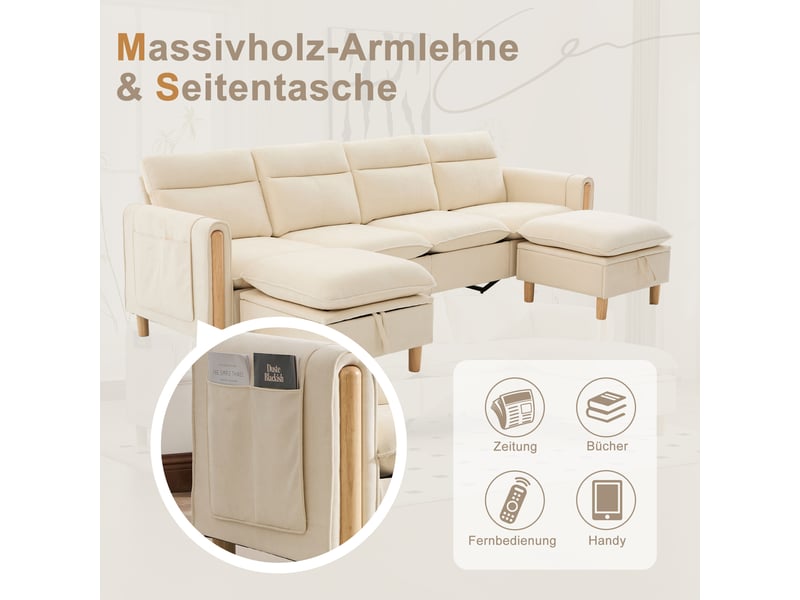  Grand canapé en u avec 2 poufs à rangement, modulable 4 places, pieds en bois, chenille beige  - Conforama E
