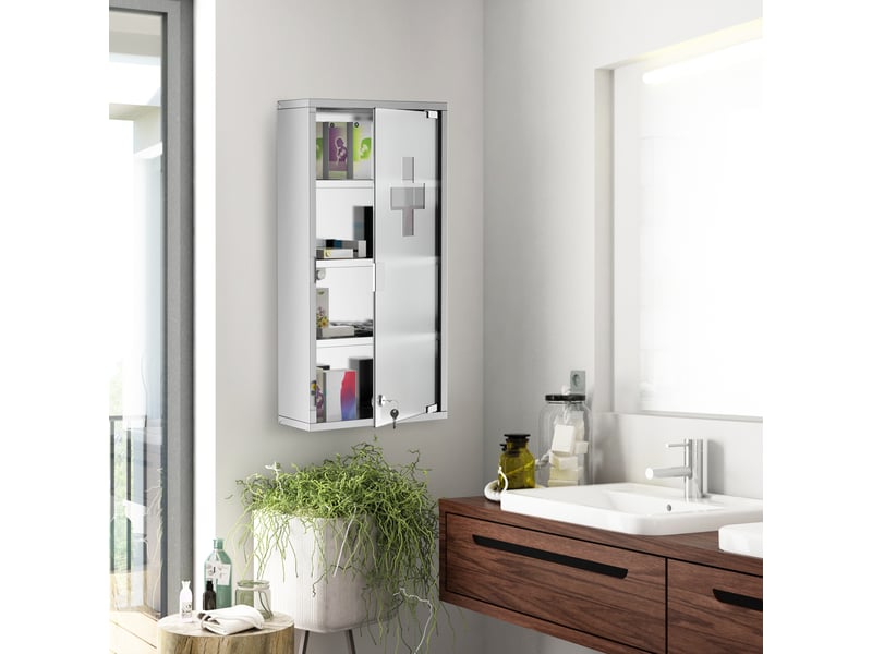  Armoire à pharmacie en acier inoxydable, verrouillable, à 4 compartiments et porte vitrée, 30 x 12 x 60 cm  - Conforama D