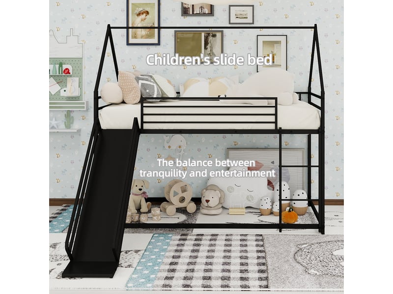  Lit superposé enfant 90 × 190 cm 2 places avec toboggan et barrières de sécurité, sans matelas, en métal noir  - Conforama C