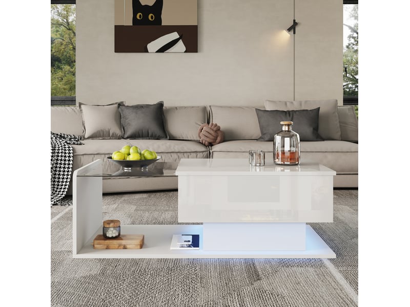  Table basse ulevr relevable avec rangement, led contrôlée par application, plateau en verre trempé, 100 x 50 cm, blanc brillant  - Conforama D