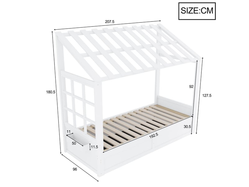  Lit rangement 90 x 200 cm structure toit lit simple rangement hydraulique compartiments de rangement latéraux fenêtres intégrées finition blanche style maison de campagne  - Conforama C