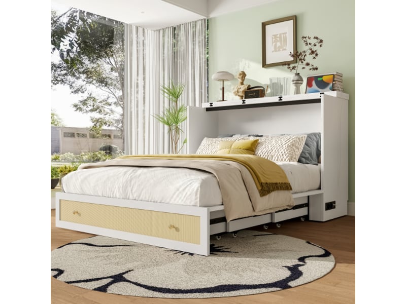  Lit escamotable, 140 x 200 cm, lit mobile avec tiroirs au pied du lit et étagère à la tête de lit, prises usb et électrique, lit plateforme convertible, matelas non inclus, blanc  - Conforama E