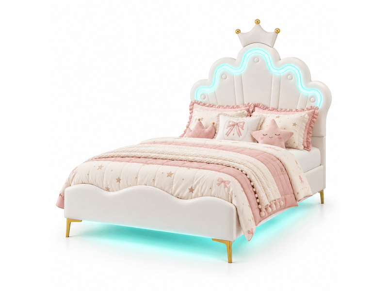  Lit fille 90x200cm avec sommier led réglables - lit simple enfant avec tête de lit réglable en hauteur - sommier à lattes - lit 90x200 cm - lumineuse led - lit fille avec tête de lit réglable - lit princesse en forme couronne - …  - Conforama A