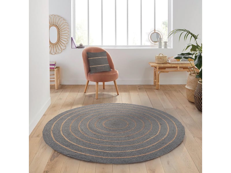 Tapis rond en coton tressé, effet jute rayé, gris, 120 cm, dylrev 69019.120 - Conforama E