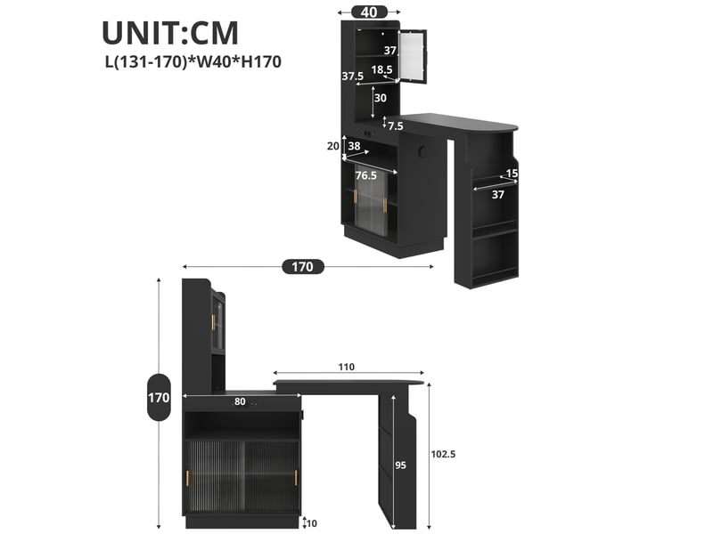  Bar extensible avec rangement 131 à 170 x 40 x 170 cm noir en mdf, éclairage led, prises, usb et usb-c  - Conforama C