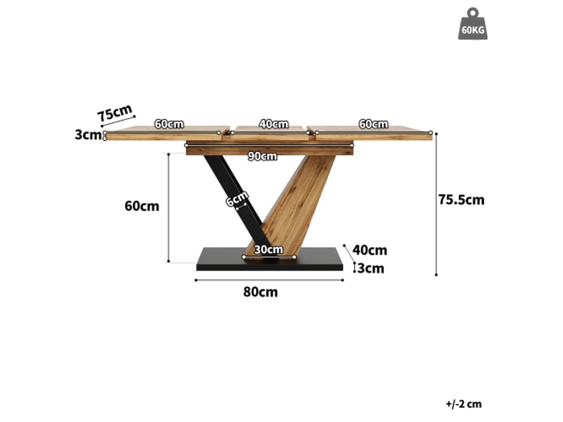 Table à manger extensible 120-160 cm, plateau bois grainé 75 x 75,5 cm, cuisine et salon, design moderne - Conforama C