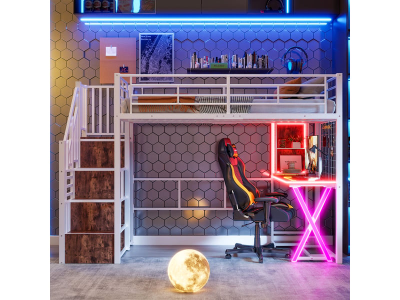  Lit mezzanine 90x200 cm avec bureau, armoire, étagères et éclairage led  - Conforama D