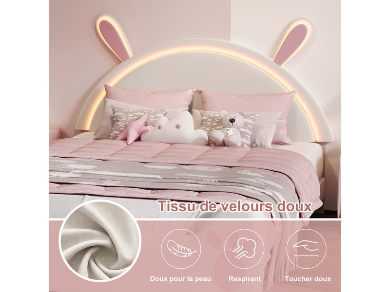  Lit enfant 140x200 cm avec led, lit 2 places avec tête de lit lapin et oreilles, tissu velours, blanc, sans matelas  - Conforama R