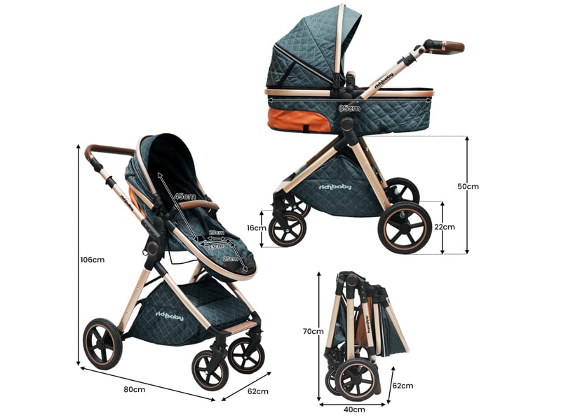  Poussette nacelle 2-en-1 80x62x106 cm réversible métal bleu antique  - Conforama D