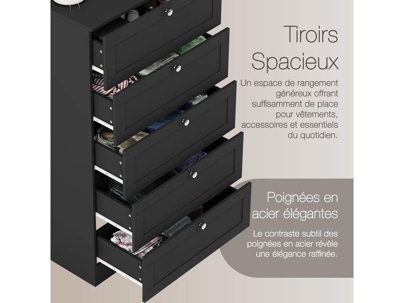  Commode altino 5 tiroirs, chambre, rangement vêtements, meuble, 121x65x36cm, noir 3332185 - Conforama E