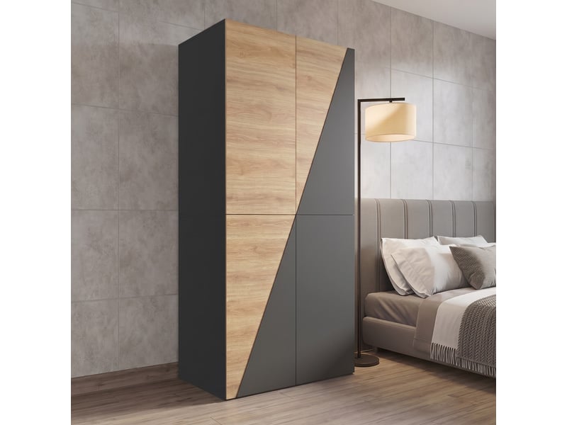  Armoire moderne,avec caisson de rangement,  équipée d'une tringle et de 2 tiroirs,90 x 50 x 200 cm, finition bois + gris  - Conforama D