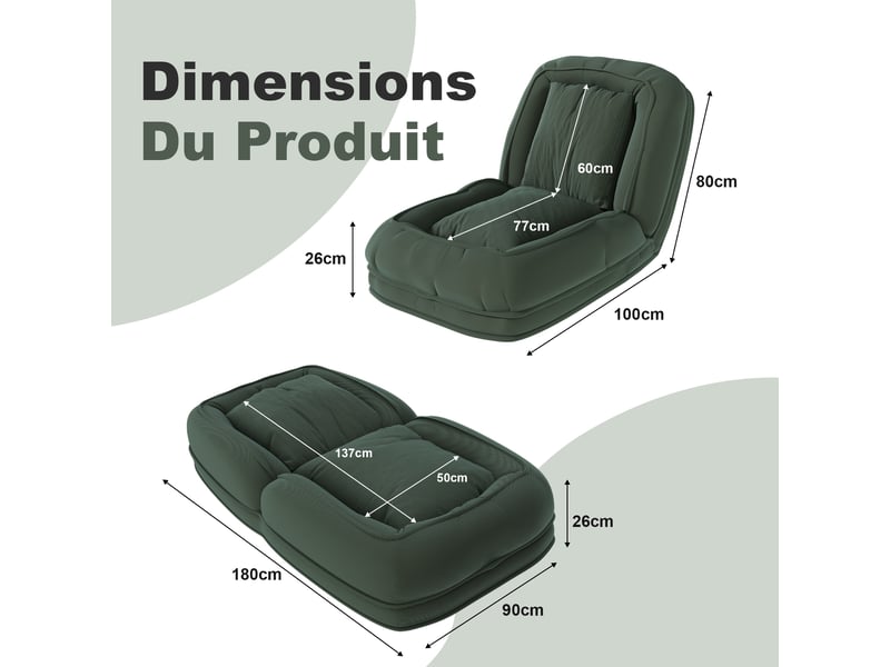  Fauteuil-lit pliant 80.0x22.0x87.0 cm, 5 positions, tissu et métal vert  - Conforama E
