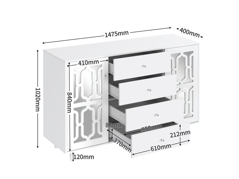  Buffet haut blanc avec 2 portes miroir et 4 tiroirs  - Conforama E